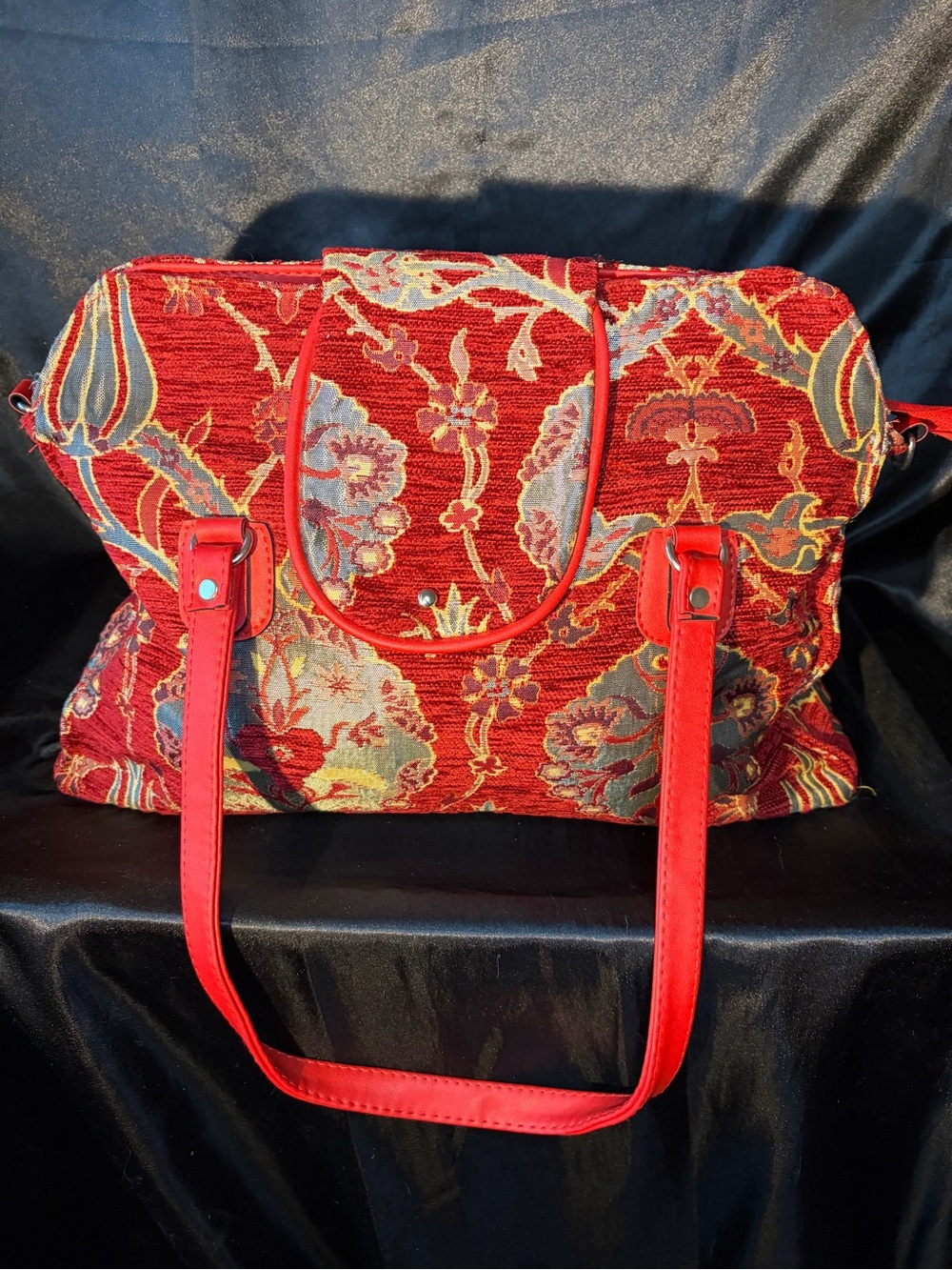 Red/Orange Floral Jacquard Tote Bag with Structured Handles